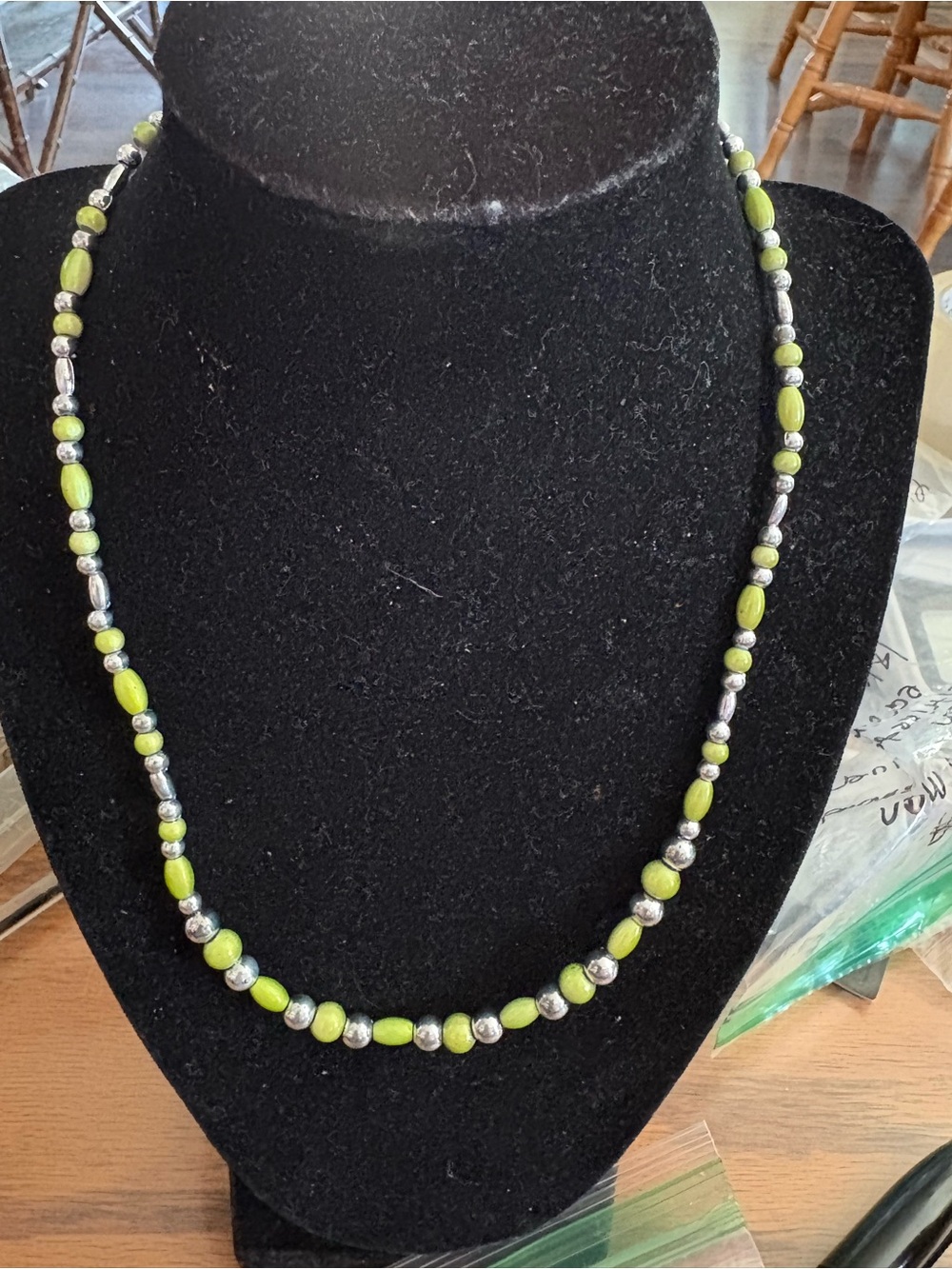 Green Bead and Silver Accent Necklace - Women Jewelry 9 inches